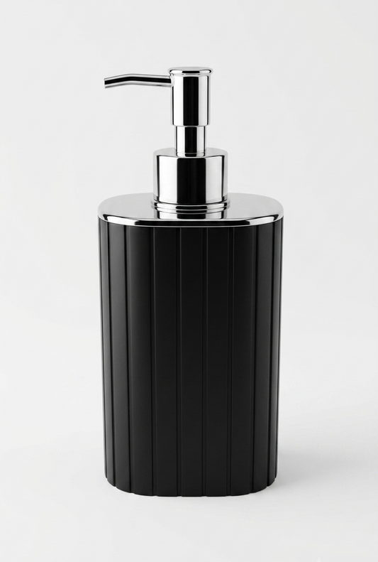 Black soap dispenser with chrome pump on a white background
