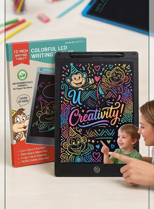 Colorful LCD writing tablet with child and adult on a light background