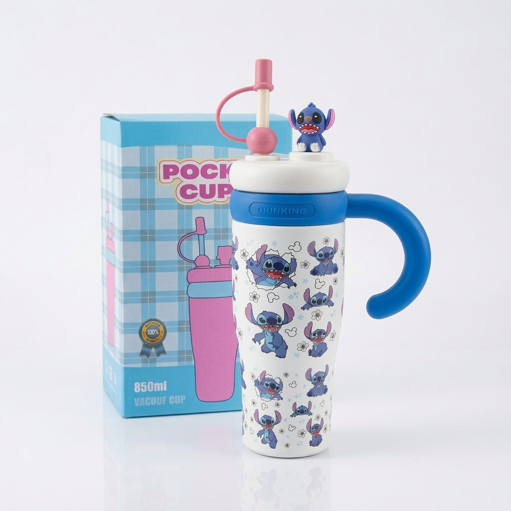 Cute Blue Alien Cartoon Tumbler with Straw & Handle – 850ml
