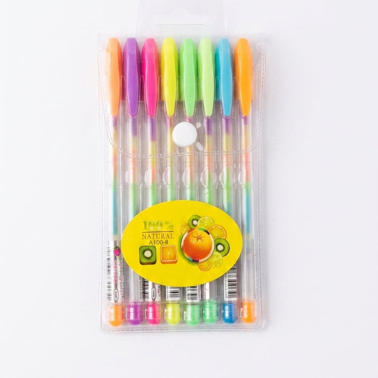 A pack of six gel pens in assorted bright colors, sealed in a clear plastic blister pack with a yellow circular fruit-themed label, shown on a plain white background.