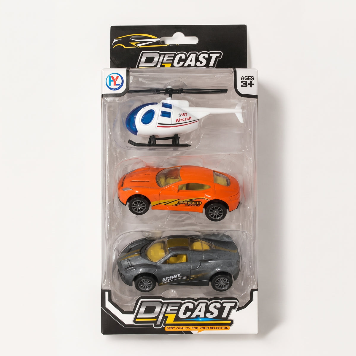 Diecast Vehicle Set – Helicopter, Sports Car & Racing Car (3 Piece Set)