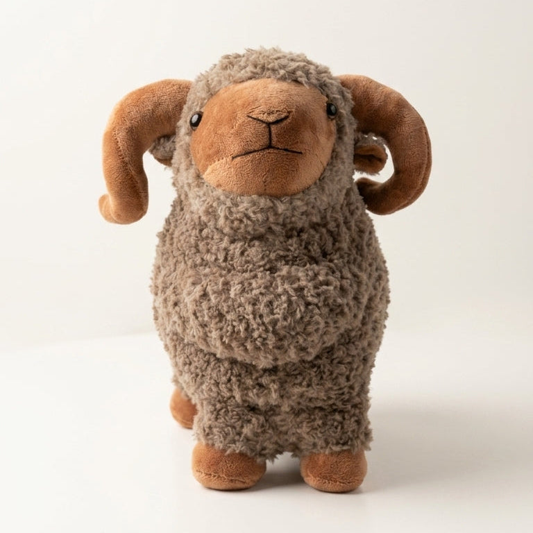 A plush toy ram with curly brown wool and curved horns, standing against a plain light background.