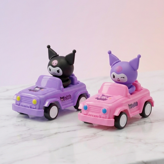 Two toy cars with animal-like figures on a marble surface