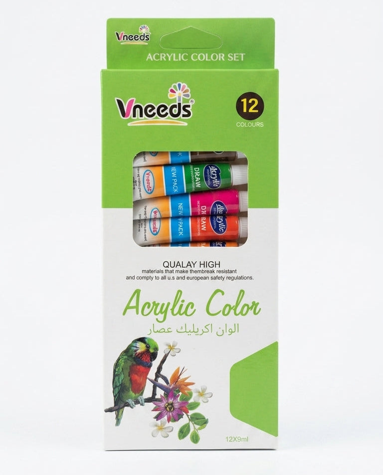 Vneeds Acrylic Color Set in a 12-color package, featuring 12 small paint tubes visible through a clear window on a white and green cardboard box with a parrot illustration.
