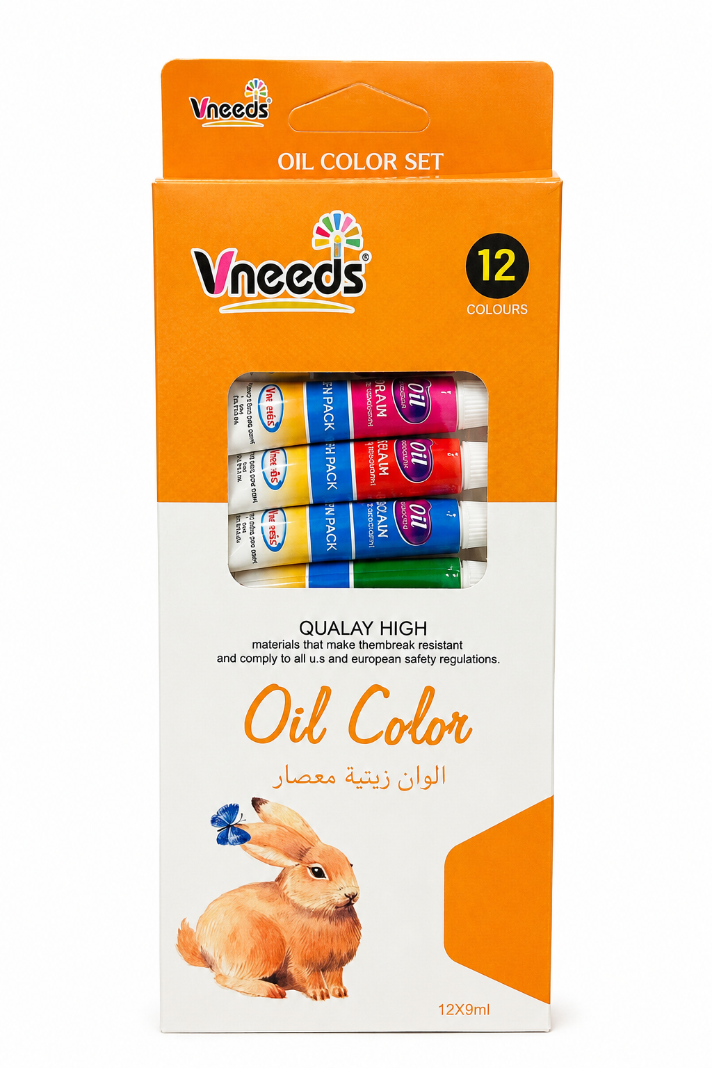 Vineeds Oil Color Set 12-piece paint tube box, featuring a bright orange and white packaging design with a clear window showing the colorful paint tubes inside, and an illustration of a rabbit on the front.