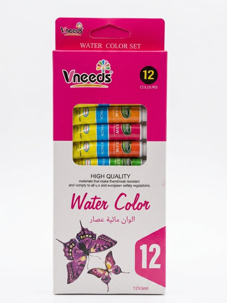 Vneeds Water Color Set 12-piece tube set in a pink and white cardboard box with butterfly illustrations, shown on a white background.