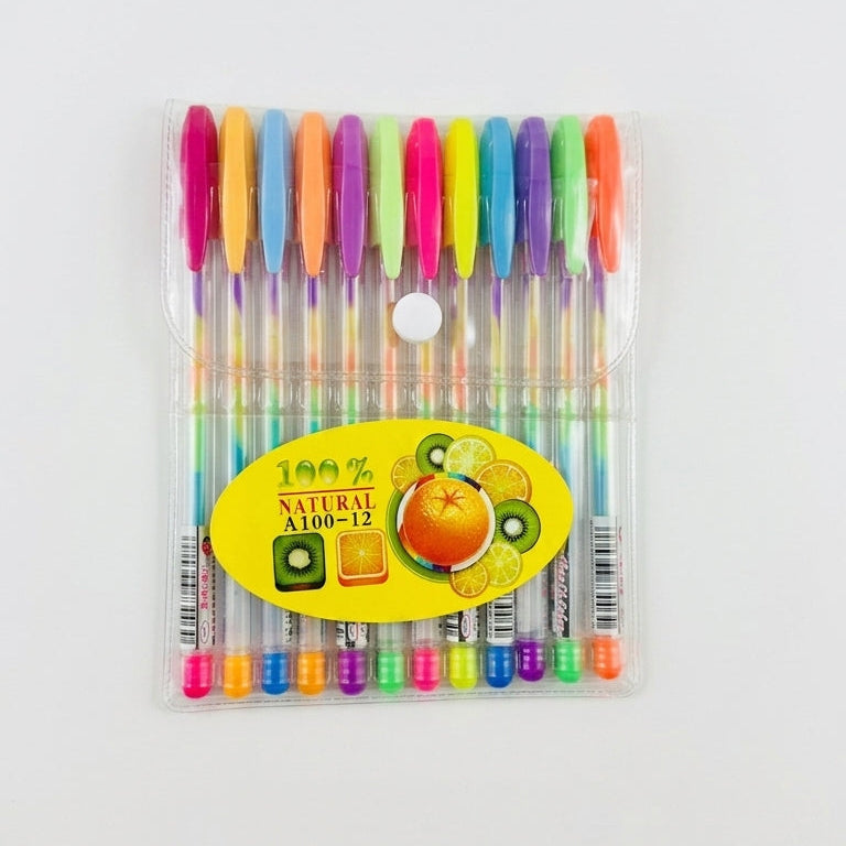 A 12-pack of colorful gel pens in a clear plastic blister pack with a yellow fruit-themed label, set against a plain white background.