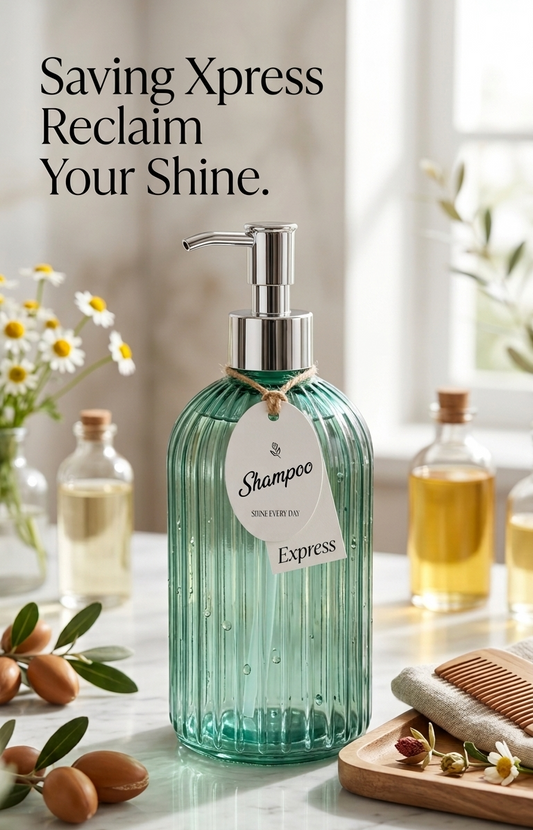 Green shampoo bottle with pump on a marble surface with flowers and bath items.
