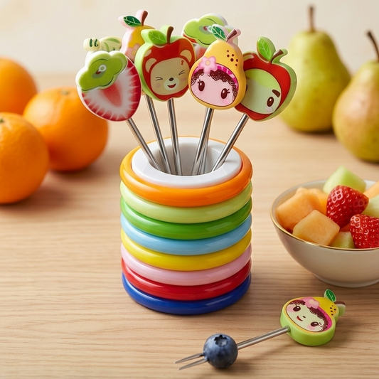 Colorful fruit fork set with cartoon character designs on a wooden surface with fruits in the background.
