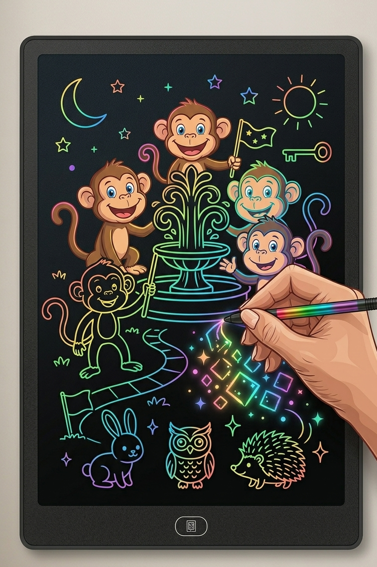 Hand drawing colorful monkey illustrations on a digital tablet with a stylus.