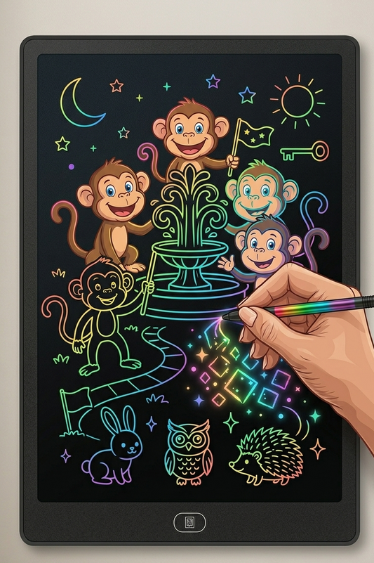 Hand drawing colorful monkey illustrations on a digital tablet with a stylus.