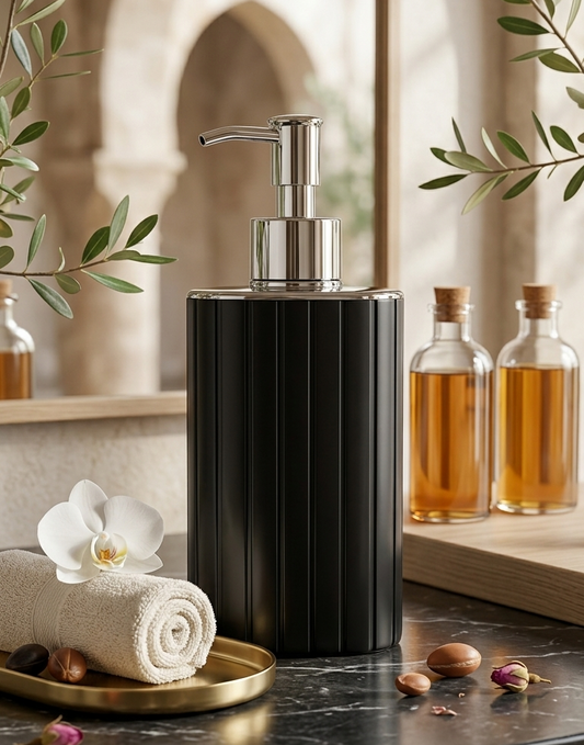 Black soap dispenser on a marble surface with a decorative setting including a white orchid, rolled towels, and bottles.