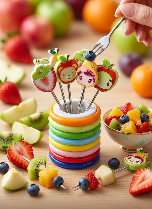 Colorful fruit skewer set with cartoon characters on a wooden table surrounded by fruits.