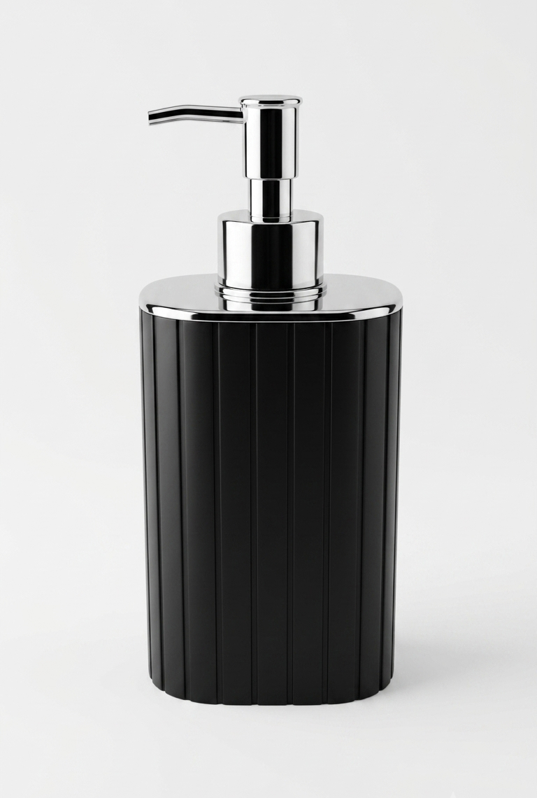 Black soap dispenser with chrome pump on a white background