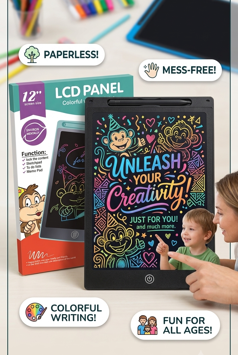 LCD panel with colorful writing and a child using it, surrounded by stationery items.