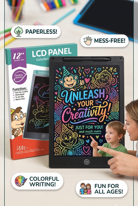 LCD panel with colorful writing and a child using it, surrounded by stationery items.