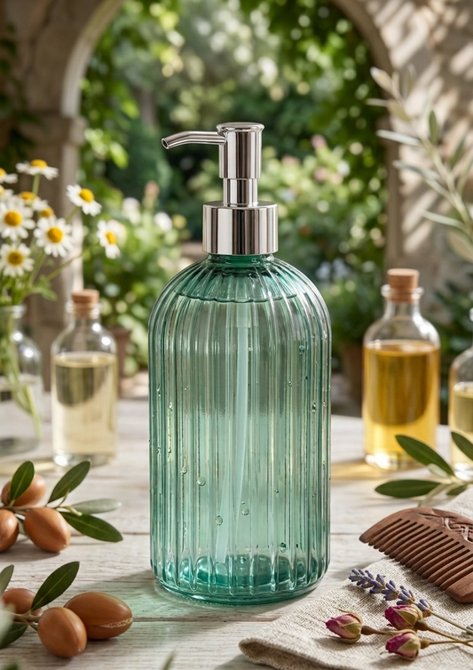 Green glass soap dispenser on a table with natural elements