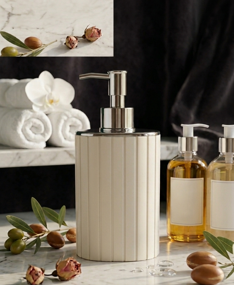 Decorative soap dispenser on a marble surface with flowers and bottles in the background