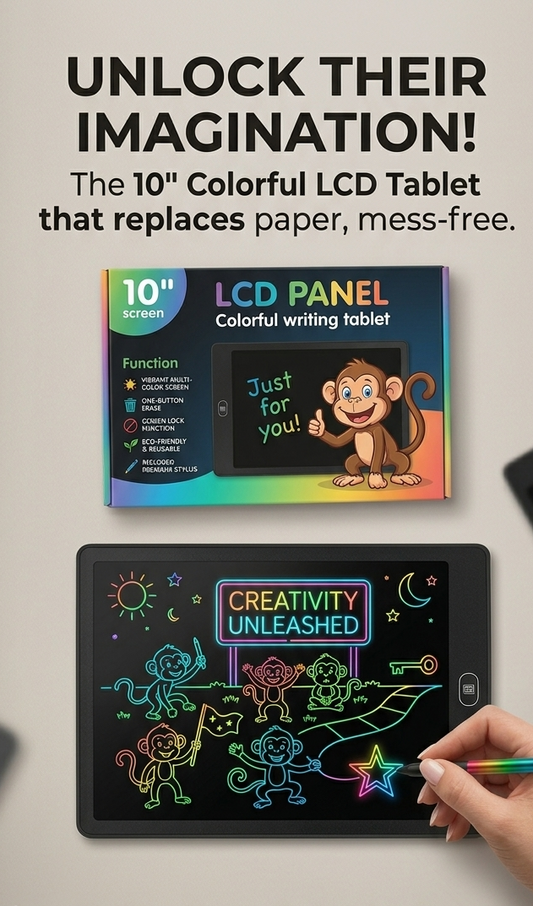10-inch colorful LCD tablet with a hand drawing on it, placed on a light surface.