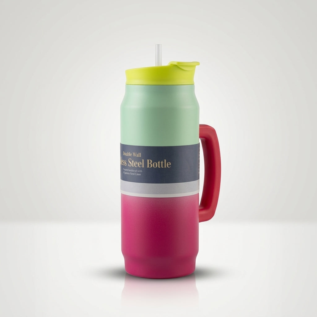 Double Wall Stainless Steel Bottle with Straw & Handle