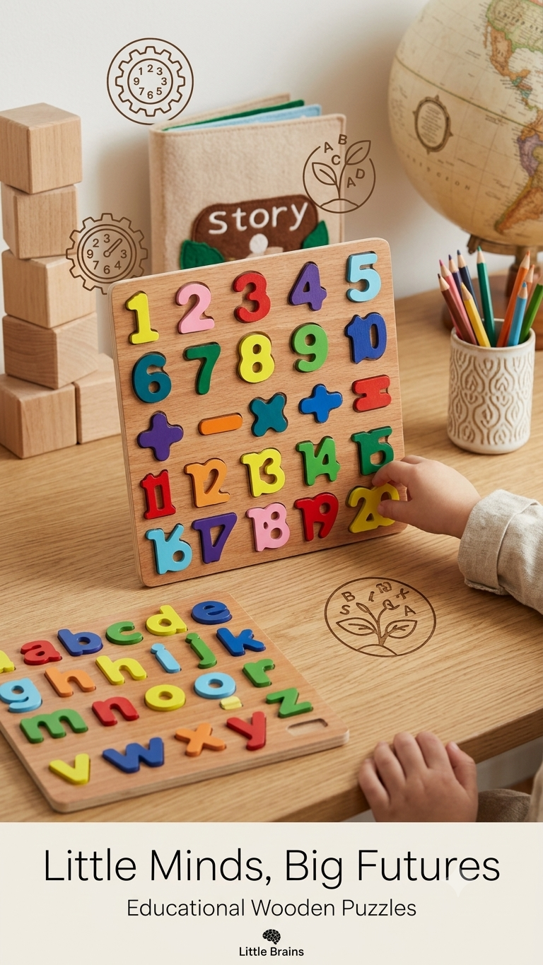 Educational wooden puzzles with numbers and letters on a table, with a child's hand interacting with them.