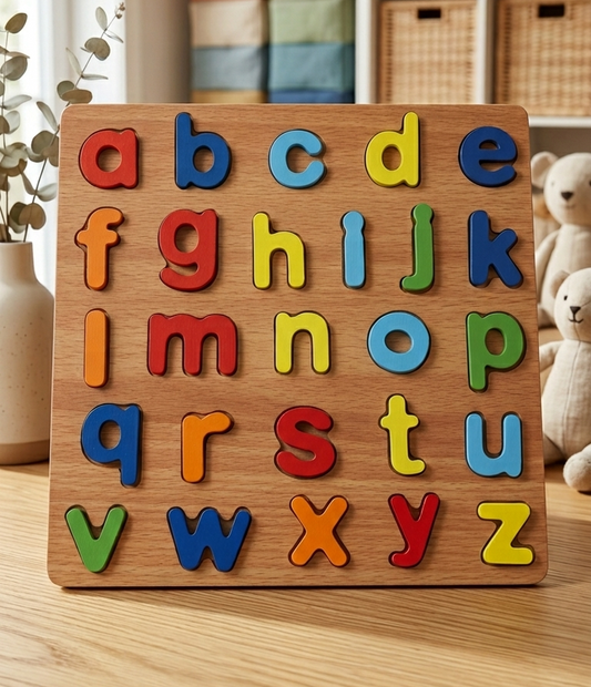 Wooden alphabet puzzle with colorful letters on a wooden surface.
