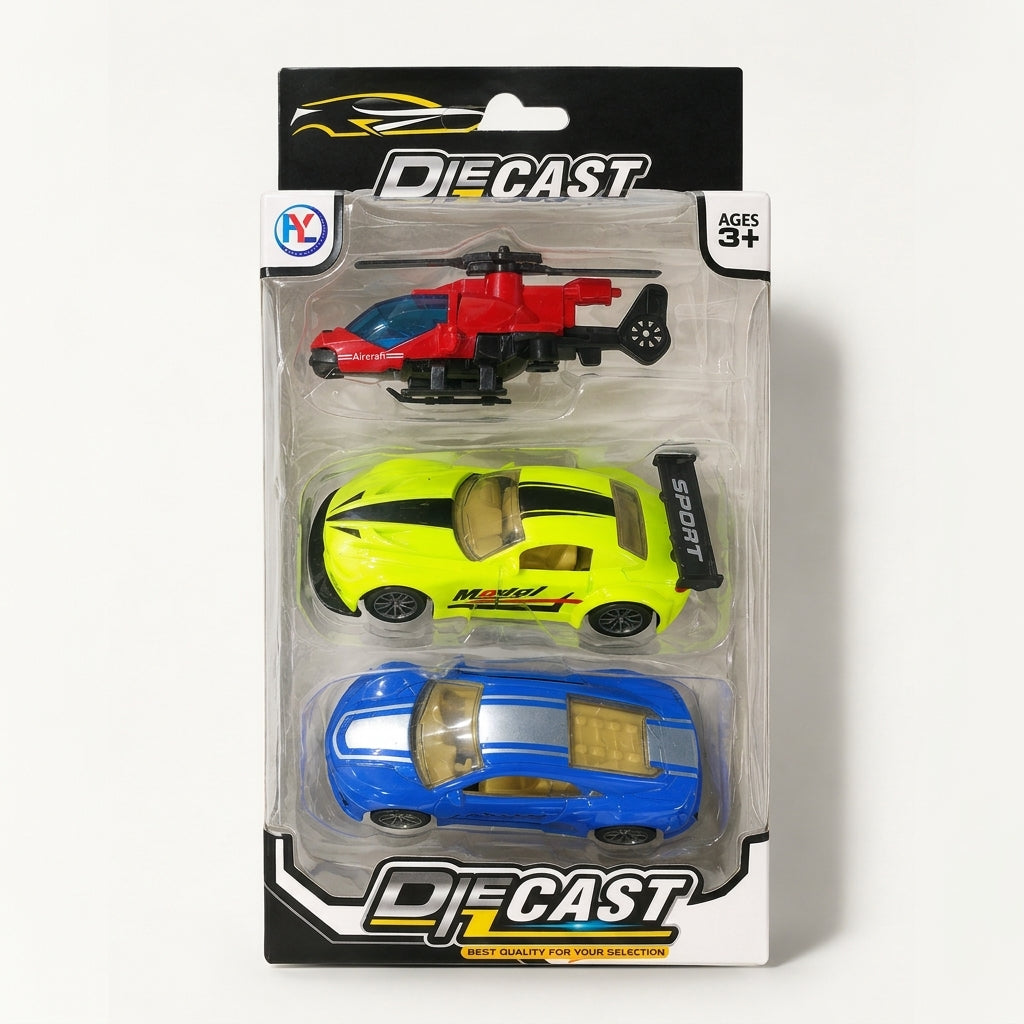 Diecast Vehicle Set – Helicopter, Sports Car & Racing Car (3 Piece Set)