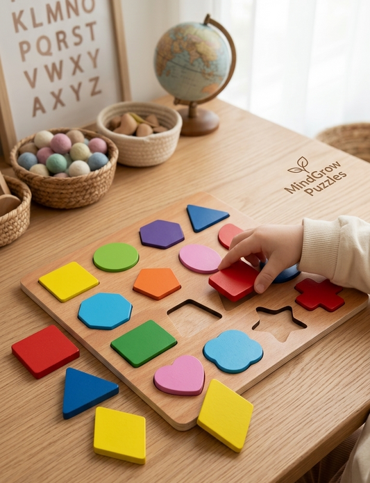 Child playing with a wooden shape sorting puzzle on a table with educational items in the background.