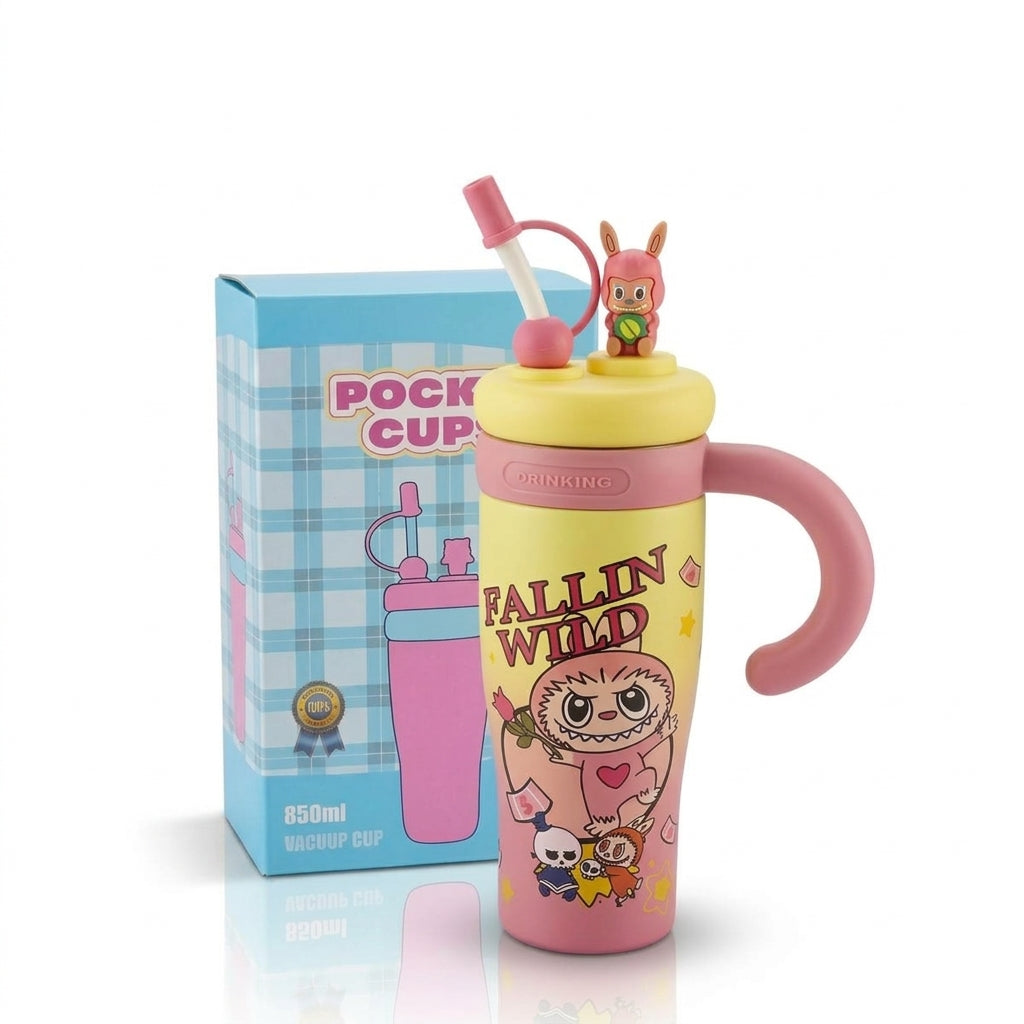 "Fallin Wild" Cartoon Tumbler with Straw & Handle – 850ml