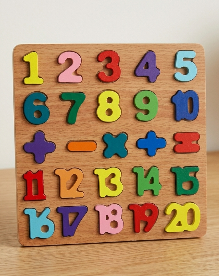 Wooden puzzle with colorful numbers and letters on a wooden surface
