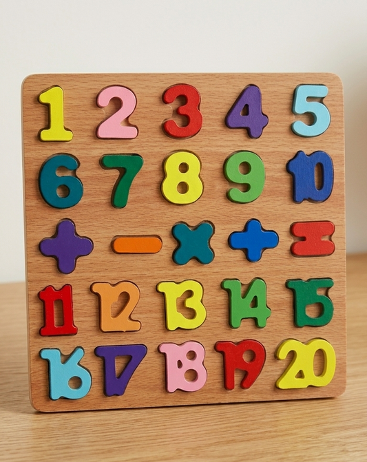 Wooden puzzle with colorful numbers and letters on a wooden surface