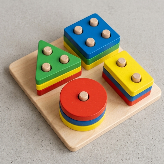 Colorful wooden shape sorting toy on a light gray background