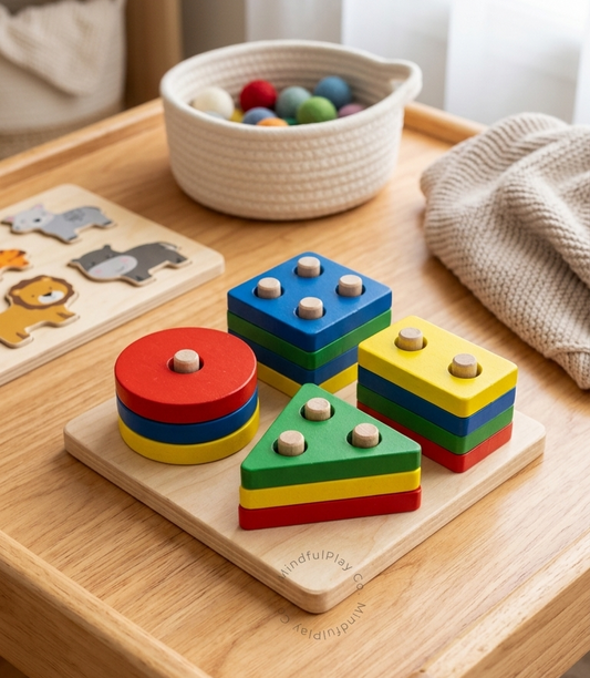Wooden Geometric Shape Sorter & Stacking Puzzle