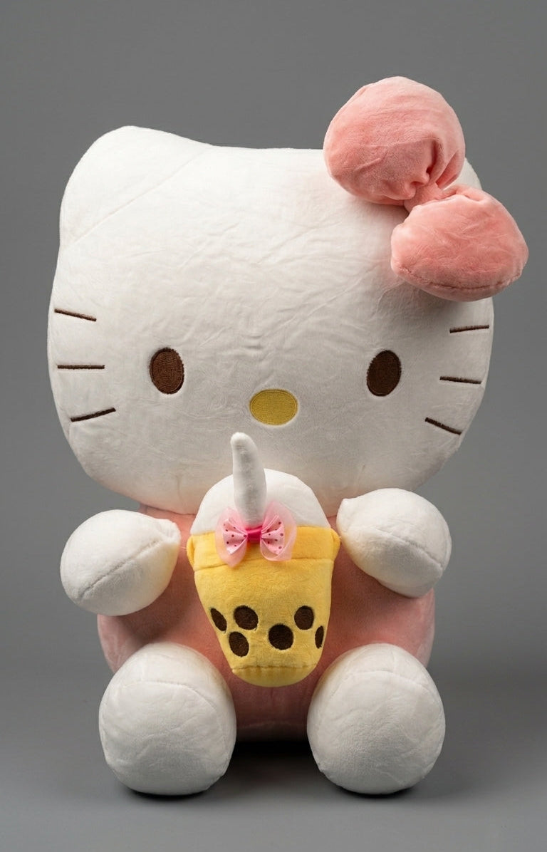 A Hello Kitty plush toy in white with a pink bow, holding a small yellow boba tea cup accessory, photographed against a plain gray studio background.