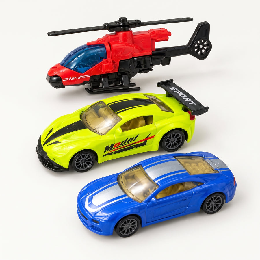 Diecast Vehicle Set – Helicopter, Sports Car & Racing Car (3 Piece Set)