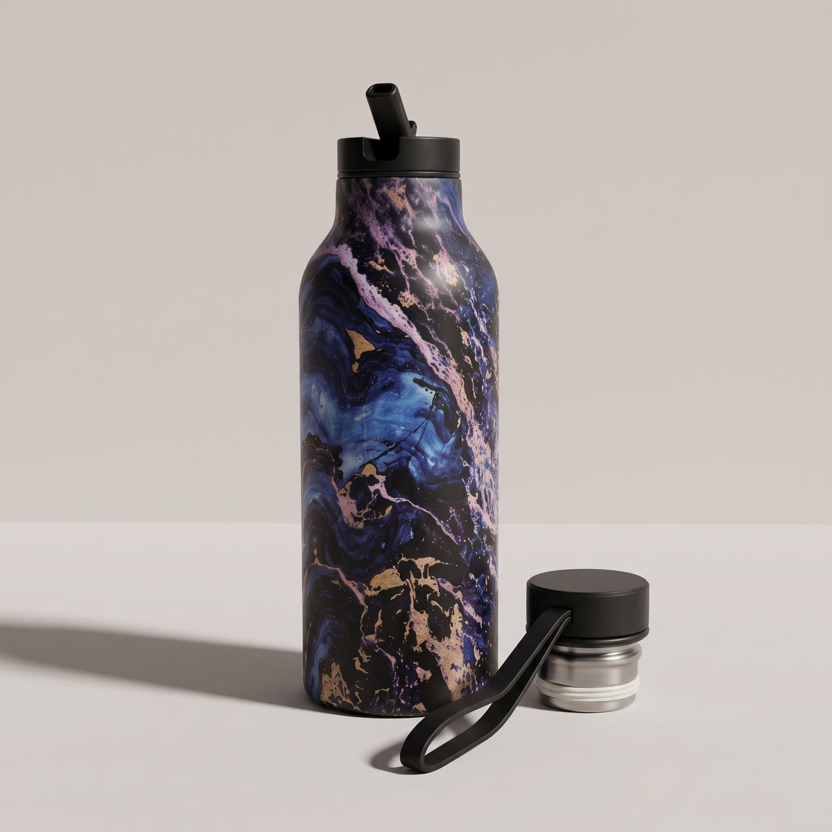 Stainless Steel Marble Water Bottle – Straw & Regular Cap Options