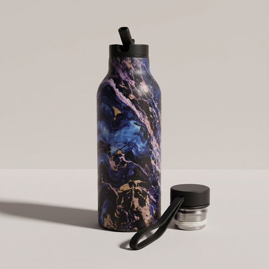 Stainless Steel Marble Water Bottle – Straw & Regular Cap Options