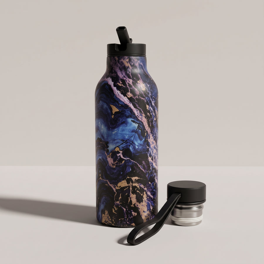 Stainless Steel Marble Water Bottle – Straw & Regular Cap Options