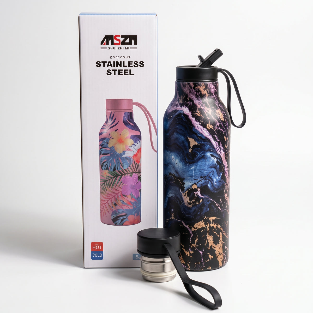 Stainless Steel Marble Water Bottle – Straw & Regular Cap Options