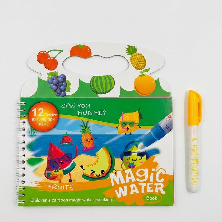 A children's fruit-themed magic water painting book with a handle, shown next to a yellow marker on a plain white background.