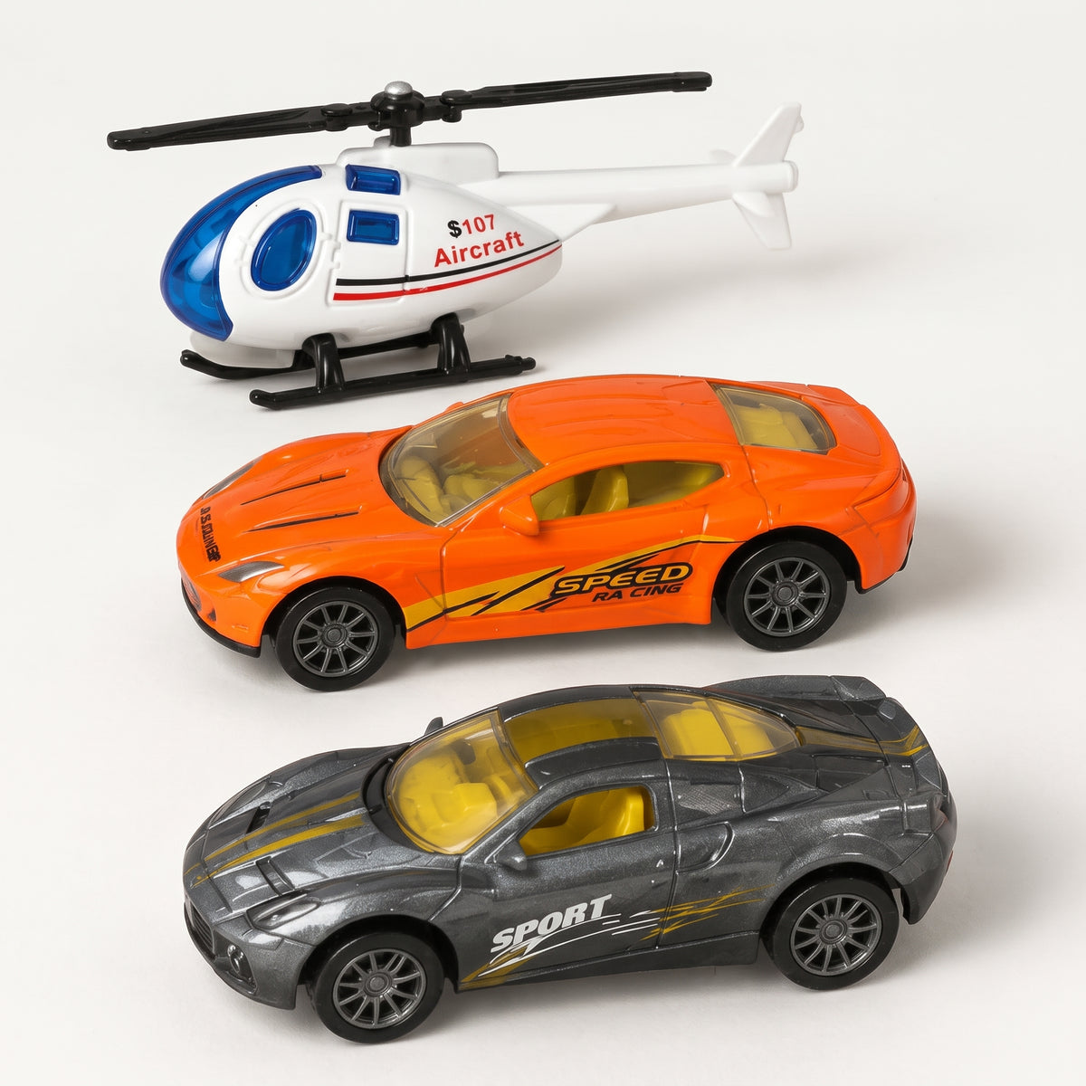 Diecast Vehicle Set – Helicopter, Sports Car & Racing Car (3 Piece Set)