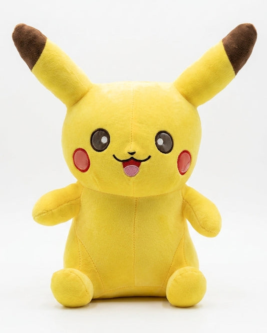 A yellow Pikachu plush toy with brown-tipped ears, pink cheek accents, and a smiling face, photographed against a plain white background.