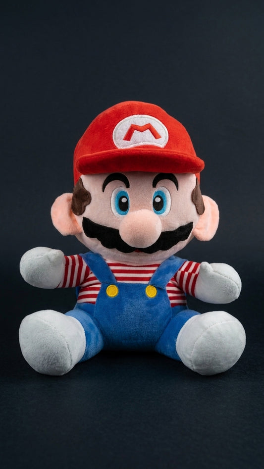 A plush toy of Mario sitting against a dark background. He is wearing his signature red cap with a white 'M' logo, a red and white striped shirt, blue overalls with yellow buttons, and has white gloves and boots.