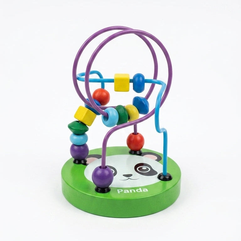 A colorful wooden bead maze toy with a green base featuring a panda face, purple and blue metal tracks, and multicolored beads, shown on a white background.