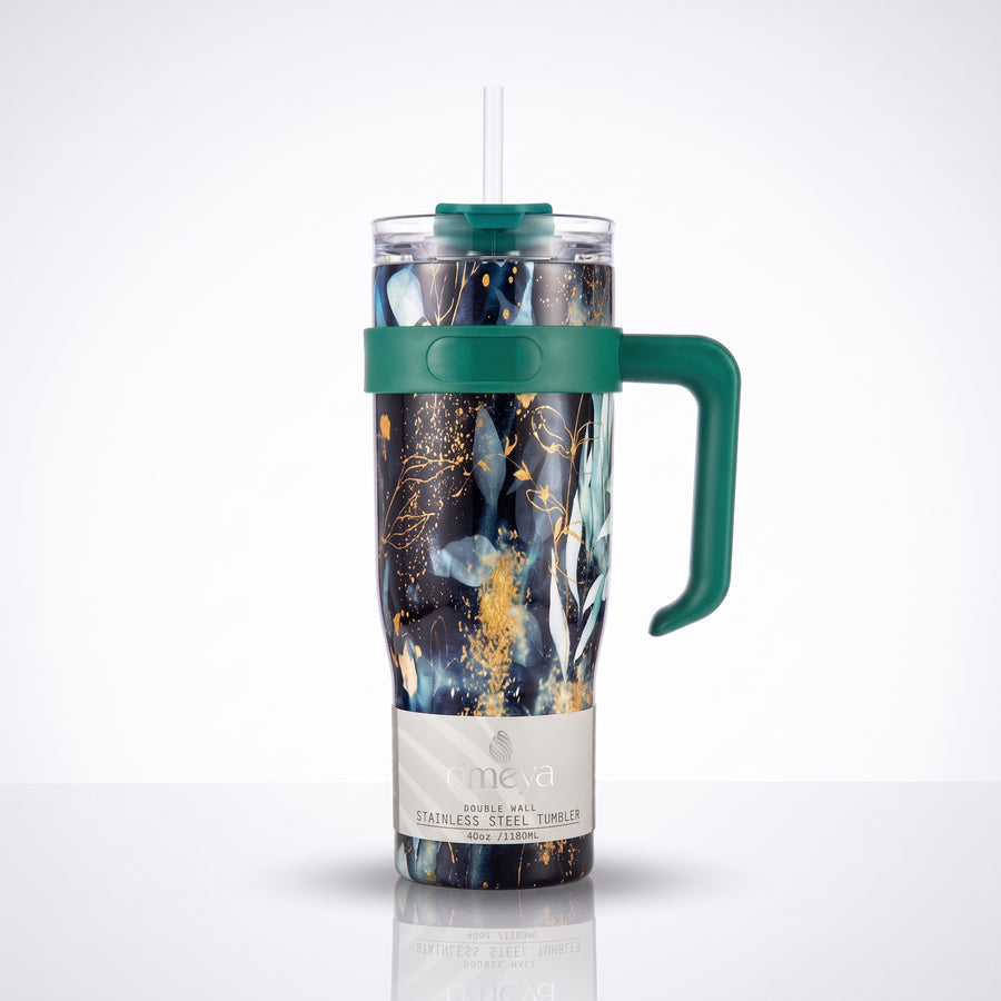Ameya 40oz Double Wall Stainless Steel Tumbler – Midnight Botanical Gold